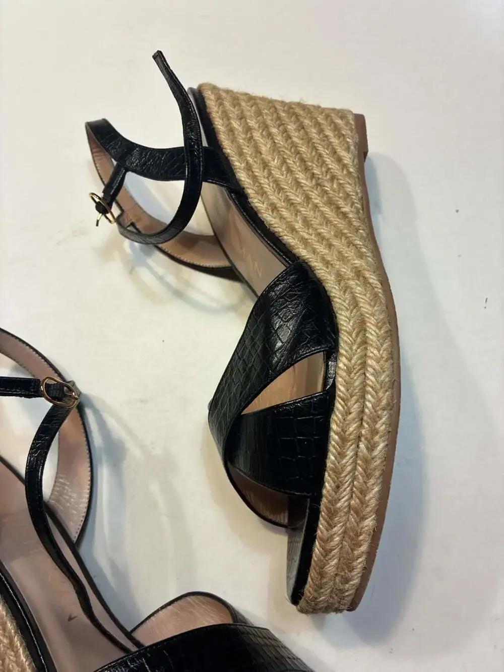 Stuart Weitzman Dayna Black Croc-Embossed Leather Espadrille Wedge Sandals